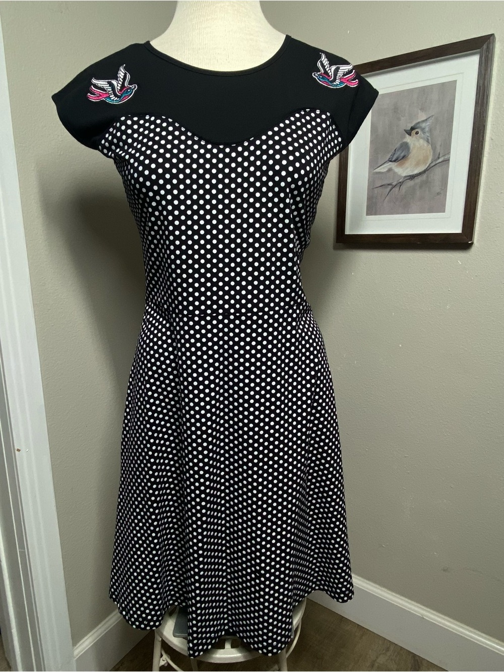 Too Fast Banjo & Cake Polka Dot Rockabilly Dress Embroidered Swallows